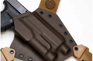 Image of GunfightersINC Kenai Light Bearing Chest Holster, Glock 20, Tlr-1, MAS Grey/ Coyote, Coyote Harness, Left Hand, KN-LB-Glock20-TLR1-00000102