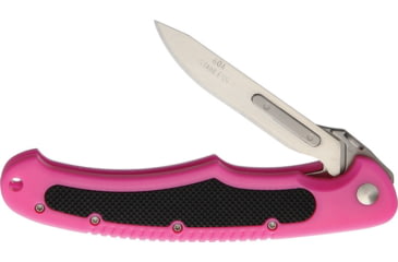 Image of Havalon Piranta Bolt Linerlock Pink Folding Knife, 2.75in Satin SS Blade, Pink ABS Handle, Black Rubber Handle Insert, 12 Additional #60A Blades, Black Nylon Sheath, XTI-60ABOLT-PK