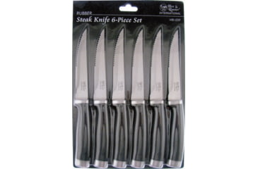 Image of Hen &amp; Rooster International 6 Pc Steak Set Kitchen Knives, 8.75in Overall, 4.5in Serrated High Carbon SS Blade, Black Rubberized Synthetic Handle, SS Guard, Black, HRI-039