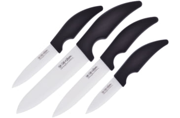 Image of Hen &amp; Rooster Kitchen Set White Ceramic 4pc Knife, Black rubber handle, HRI-065