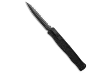 Image of Heretic Knives Cleric II Automatic Folding Knife, 4.25in, CPM MagnaCut, Dagger Blade, Aluminum, Rubber, Black Handle, Fully Serrated, Black/Black, 10.00 inch, BHQ-203300