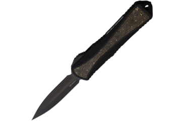 Image of Heretic Knives Auto Manticore OTF Automatic Folding Knives 3in, Black DLC Coated Double Edge CPM MagnaCut Stainless Blade, Black/Gold Anodized Aluminum Handle, H0286AFCTIN