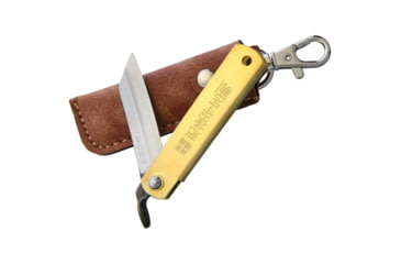 Image of Higonokami Folder Brass Blue Paper Steel Folding Knife, 2in Blue Paper Steel Blade, Brass Handle, Slip Joint, Brown Leather Sheath, 75MMBRASSBROWNLEATHERCAS