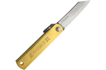 Image of Higonokami Folder Brass Blue Paper Steel Folding Knife, 2in Blue Paper Steel Blade, Brass Handle, Slip Joint, Brown Leather Sheath, 75MMBRASSBROWNLEATHERCAS