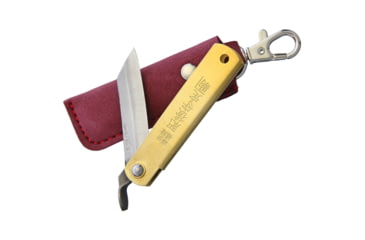 Image of Higonokami Folder Brass Blue Paper Steel Folding Knife, 2in Blue Paper Steel Blade, Brass Handle, Slip Joint, Burgundy Leather Sheath, 75MMBRASSREDLEATHERCASE