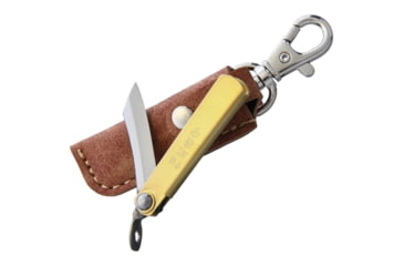 Image of Higonokami SK Folder Brass Folding Knife, 1.5in Satin Sk5 Carbon Steel Blade, Brass Handle, Slip Joint, Hrc 60, Brown Leather Sheath, HIGO01BRS