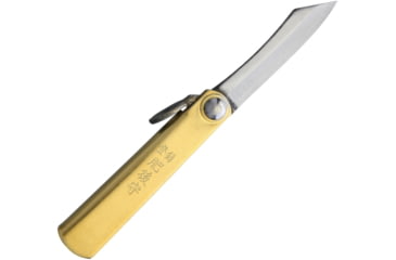 Image of Higonokami SK Folder Brass Folding Knife, 1.5in Satin Sk5 Carbon Steel Blade, Brass Handle, Slip Joint, Hrc 60, Brown Leather Sheath, HIGO01BRS
