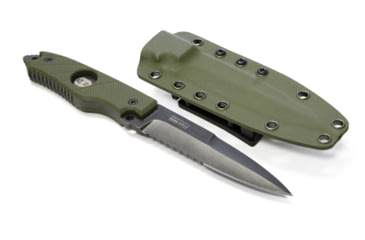 Image of Hoffner Knives Hand Spear Flatline Combo Fixed Blade Knife, 4 7/8in Stainless Steel Spear Point Blade, Olive/Black, HS-S5CBK-FO