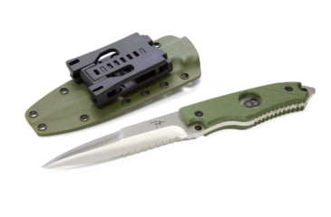 Image of Hoffner Knives Hand Spear Flatline Combo Fixed Blade Knife, 4 7/8in Stainless Steel Spear Point Blade, Olive/Silver, HS-S5CBS-FO