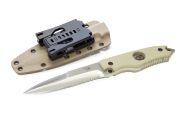 Image of Hoffner Knives Hand Spear Flatline Combo Fixed Blade Knife, 4 7/8in Stainless Steel Spear Point Blade, Silver/Khaki, 4 7/8in Blade, HS-S5CBS-FK