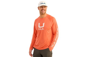 Image of HUK Performance Fishing Icon Performance Crew Long Sleeve Shirt - Men's, Fresh Salmon, Large, H1200573-821-L