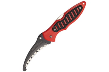 Image of Imperial Schrade Rescue Lockback Red/Black Folding Knife, 3 1/4in Black Curved Design Scalloped Edge Blade With Thumb Stud, Red Composition Handles With Black Trim, SS Pocket Clip, IMP0022CP