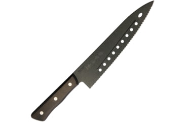 Image of Kanetsune Gyutou Serrated Knife, 8 black coated serrated stainless blade, Brown wood handle, FC-G210-S