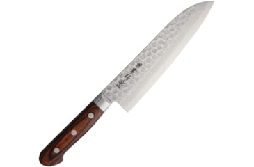 Image of Kanetsune Santoku Kitchen Knives, 12in Overall, 7.5in Hammered Finish Vg-10 Damascus Steel Blade, Brown Laminated Wood Handle, SS Guard, Full Tang, brown, KC-903