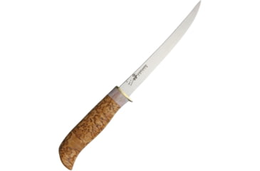 Image of Karesuando Laxen Fixed Blade Knife, 10.88in Overall, 6.25in Mirror Sandvik 12C27 SS Fillet Blade, Curly Birch And Reindeer Antler Handle, Brown Leather Belt Sheath, Boxed With Hanging Tab, 3522