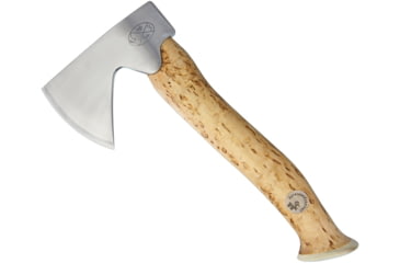 Image of Karesuando Vuogas Aksu Natural, 10.75in Overall, 4.75in 12C27 Sandvik SS Axe Head With 3.13in Cutting Edge, Natural Curly Birch Handle, Reindeer Horn Pommel, Black Leather Belt Sheath, Natural, 4041