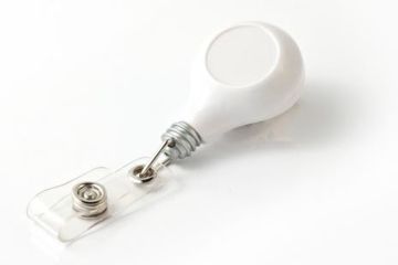Image of Key-Bak Retract-A-Badge ID LIGHT BULB Shaped 5-Pack Retractable Reel w/ 36in Cord, Swivel Bulldog Clip, Vinyl ID Strap, White 0308-745