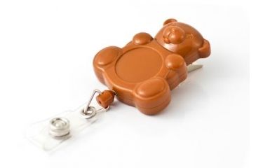 Image of Key-Bak Retract-A-Badge ID TEDDY BEAR Shaped 5-Pack Retractable Reel w/ 36in Cord, Swivel Bulldog Clip, Vinyl ID Strap, Brown 0308-747