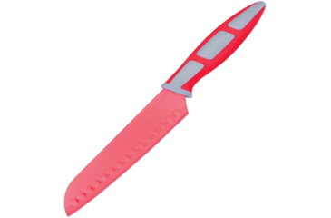 Image of Kitchen Dao Santoku Knife Kitchen Knives, Overall 12in, Blade 6.75in L SS L Standard Edge, Handle Synthetic, Red Non-Stick Coated Blade, Red And Gray Handles., EK2401RED