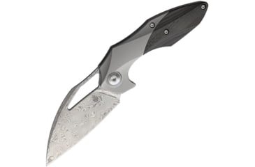 Image of Kizer Cutlery Minitherium Framelock Folding Knife, 3in Damasteel Blade, Gray Titanium Handle w/ Carbon Fiber Inlay, Vinland Pattern Blade, Black Nylon Pouch, KI3502D2
