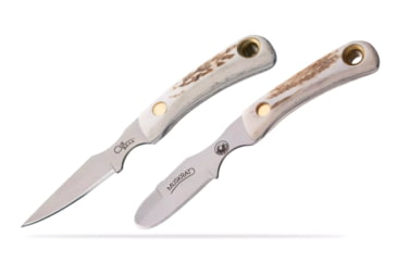 Image of Knives of Alaska Muskrat / Cub Bear Combo Fixed Blade Knives, 2.25in / 2.75in, CPM-S30V Stainless Steel, Round Point/Caping Blade, Stag, Brown And White Sculpted Bone Handle, 00103FG
