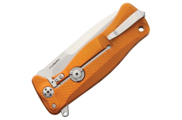 Image of Lionsteel SR11 Framelock Folding Knife, 3.5in Satin Sleipner Tool Steel Drop Point, Orange Textured Aluminum Handle, Glass Breaker, Pocket Clip, SR11A OS