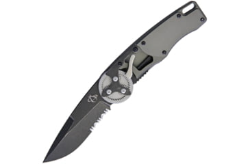 Image of Mantis Gearhead Linerlock SW DP Folding Knife, 3.38in Black Stonewash Partially Serrated Drop Point, Gray Satin Handle, GH2020DPS
