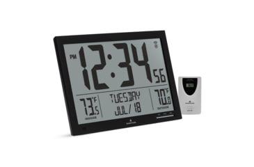 Image of Marathon Slim Atomic Full Calendar Wall Clock w/ Indoor/Outdoor Temperature, Black, 14.6in x 1.2in x 9in, CL030066-BK-FD-NA