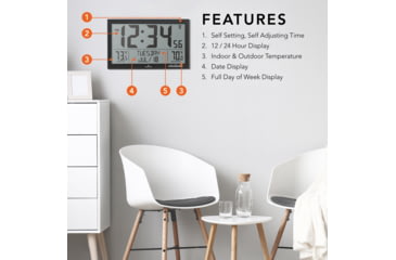 Image of Marathon Slim Atomic Full Calendar Wall Clock w/ Indoor/Outdoor Temperature, Black, 14.6in x 1.2in x 9in, CL030066-BK-FD-NA