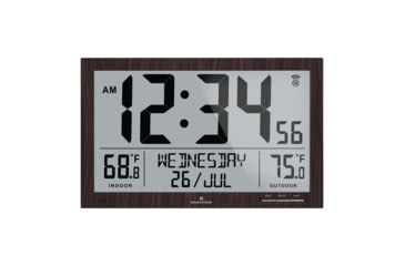 Image of Marathon Slim Atomic Full Calendar Wall Clock w/ Indoor/Outdoor Temperature, Wood, 14.6in x 1.2in x 9in, CL030066-WD-FD-NA