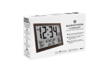 Image of Marathon Slim Atomic Full Calendar Wall Clock w/ Indoor/Outdoor Temperature, Wood, 14.6in x 1.2in x 9in, CL030066-WD-FD-NA