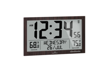 Image of Marathon Slim Atomic Full Calendar Wall Clock w/ Indoor/Outdoor Temperature, Wood, 14.6in x 1.2in x 9in, CL030066-WD-FD-NA