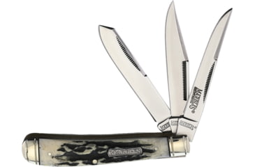 Image of Marbles Three Blade Serpentine Folder Folding Knife, Mirror finish stainless clip, long clip, and spey , Black stag bone handle, KB313 / MR481