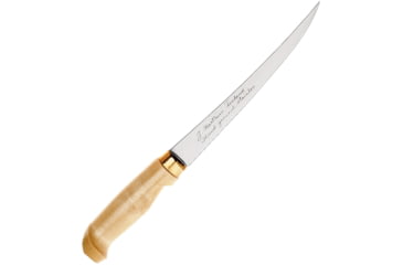 Image of Marttiini Classic Fillet Fixed Blade Knife, Classic Fillet, 12.25in Overall, 7.5in Satin SS Fillet Blade, Birch Wood Handle, Brass Ferrule, Brown Leather Belt Sheath, Boxed With Hanging Tab, 630010