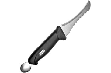 Image of Marttiini Fish Cleaner Fixed Blade Knife, 10.63in Overall, 4in Serrated SS Curved Blade, Black Textured Rubber Handle, Metal Scoop At The End Of The Handle, Black Plastic Sheath, Black, 175019