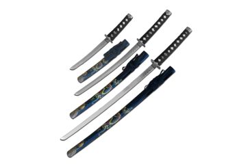 Image of Master Cutlery SW-85BK-4 Samurai Sword Set, Stainless Steel Blade, Cord Wrapped Handle w/ Menuki, 3 Piece Set, Black, SW-85BK-4