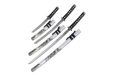 Image of Master Cutlery SW-85GY-4 Samurai Sword Set, Stainless Steel Blade, Cord Wrapped Handle w/ Menuki, 3 Piece Set, Gray, SW-85GY-4