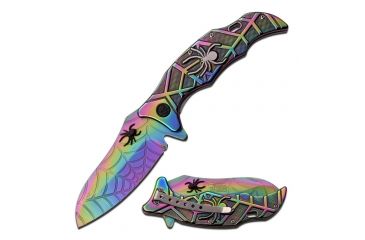 Image of MC Masters Collection Folding Blade, 3.5in, Stainless Steel Blade, Rainbow Titanium Coated Sculptured Spider On Handle MC-A018RB