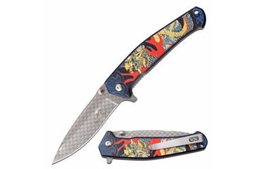Image of MC Masters Collection MC-A058BL Spring Assisted Knife, 3.5in, 3CR13 Stainless Steel, Drop Point, Laser Etched Steel Blade, Aluminum Handle, Blue, MC-A058BL