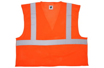 Image of MCR Safety CL2MOPFRM Hi Vis Reflective Safety Vest, ANSI Type R Class 2, Mesh with 2in Silver Stripes, Breakaway Design with Hook and Loop Closures, Fluorescent Orange, M, CL2MOPFRM