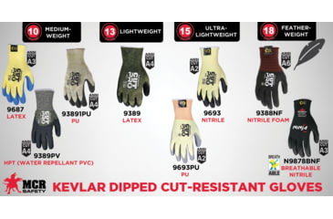 Image of MCR Safety Cut Pro 13 Gauge Kevlar/Steel Shell Cut Resistant Work Gloves, Latex Coated Palm and Fingertips, Black/Green, X - Large, 9389XL