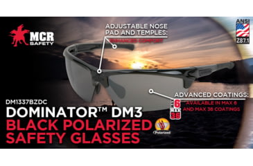 Image of MCR Safety Dominator DM3 Series Safety Glasses, Polarized MAX36 Anti-Fog Lenses, Adjustable Wire Core Temples and Nose Piece, Black Mirror, One Size, DM1337BZDC