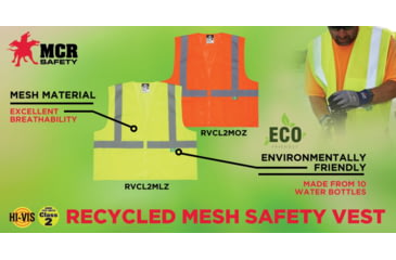 Image of MCR Safety Hi Vis Reflective Safety Vest, ANSI Type R Class 2, Mesh with 2in Silver Stripes, Zipper Front Closure and 3 Pockets, Fluorescent Lime, 5X, RVCL2MLZX5