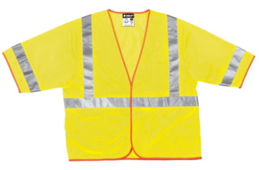 Image of MCR Safety Hi Vis Reflective Safety Vest, ANSI Type R Class 3, Mesh with 2in Silver Stripes, Hook and Loop Front Closure, Fluorescent Lime, 4X, CL3MLX4