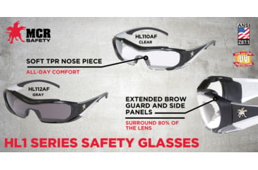 Image of MCR Safety HL1 Series Safety Glasses, Anti-Fog Lens, Non-Slip TPR Temples and Nose Piece, Extended Brow Guard, Clear, One Size, HL110AF
