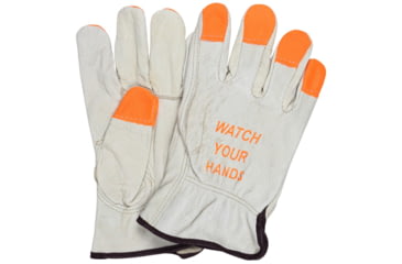 Image of MCR Safety Leather Drivers Work Gloves, CV Grade Grain Pigskin, Fingertips and Watch Your Hands Logo, Keystone Thumb, Beige, Medium, 3413HVIM
