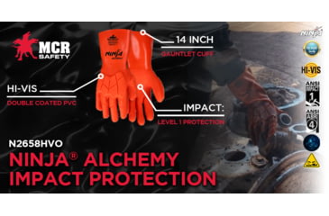Image of MCR Safety Ninja Alchemy Work Gloves, 15 Gauge Nylon Shell, Fully Double Coated with PVC, TPR Back of Hand Impact Protection, 14in Gauntlet Cuff, Orange, Medium, N2658HVOM