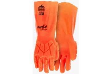 Image of MCR Safety Ninja Alchemy Work Gloves, 15 Gauge Nylon Shell, Fully Double Coated with PVC, TPR Back of Hand Impact Protection, 14in Gauntlet Cuff, Orange, Medium, N2658HVOM