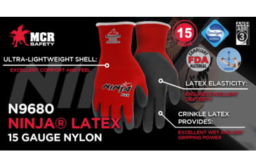 Image of MCR Safety Ninja Flex Work Gloves, 15 Gauge Nylon Shell, Latex Coated Palm and Fingertips, Gray/Red, Medium, N9680M