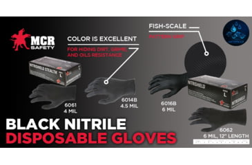 Image of MCR Safety NitriShield Stealth Disposable Nitrile Gloves, Powder Free Industrial Food Service Grade, 9.5in Length, 4 mil Thickness, Black, XX - Large, 6061XXL